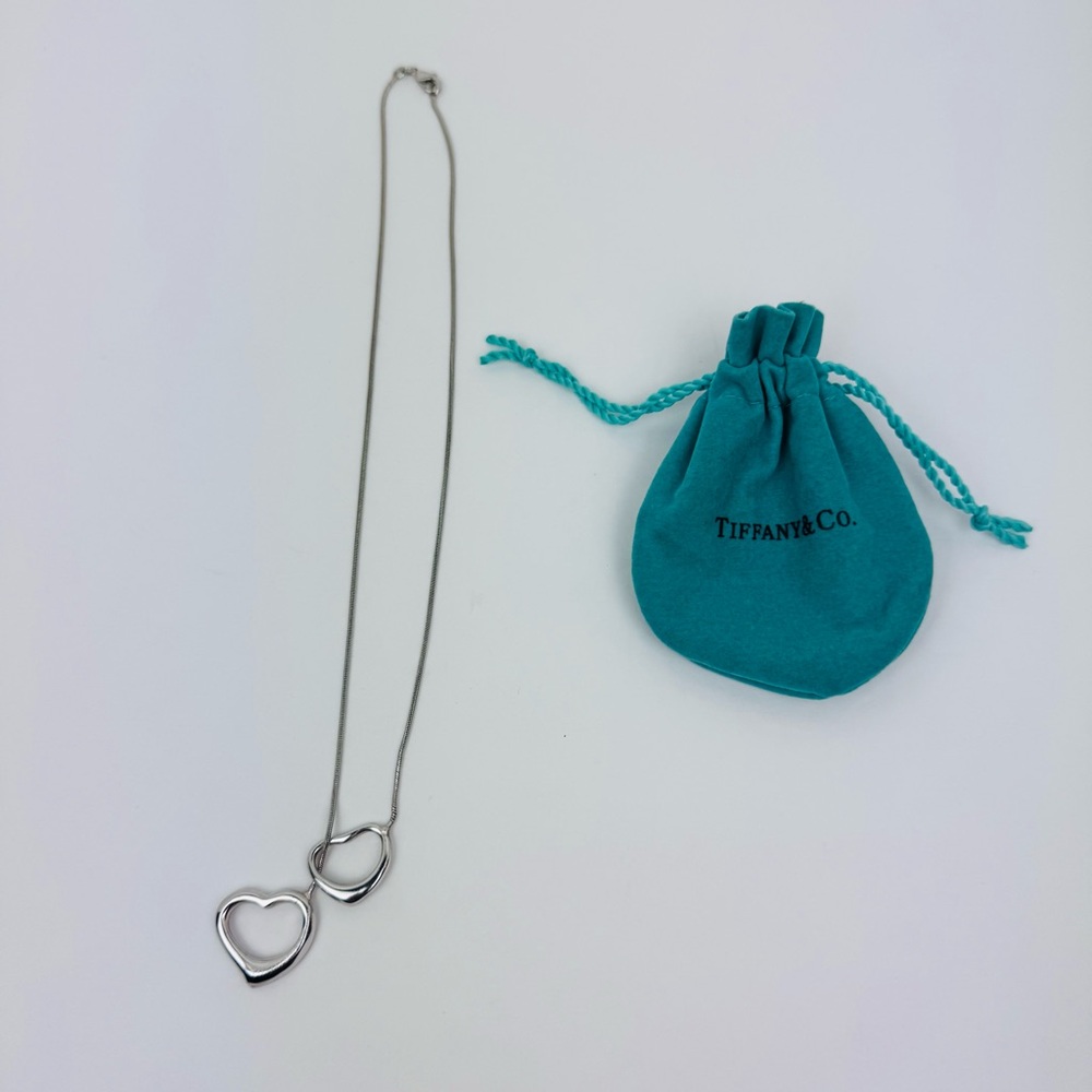 Tiffany & Co. Elsa Peretti Double Open Heart Lariat necklace. Sterling silver.
